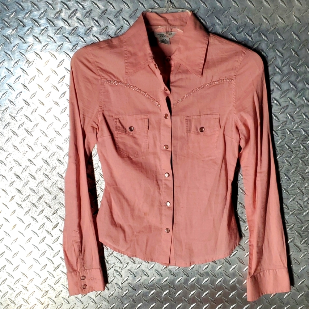 💥 Guess Jeans Western Shirt Pink Beaded Pearl Snaps sz XS Cowgirl